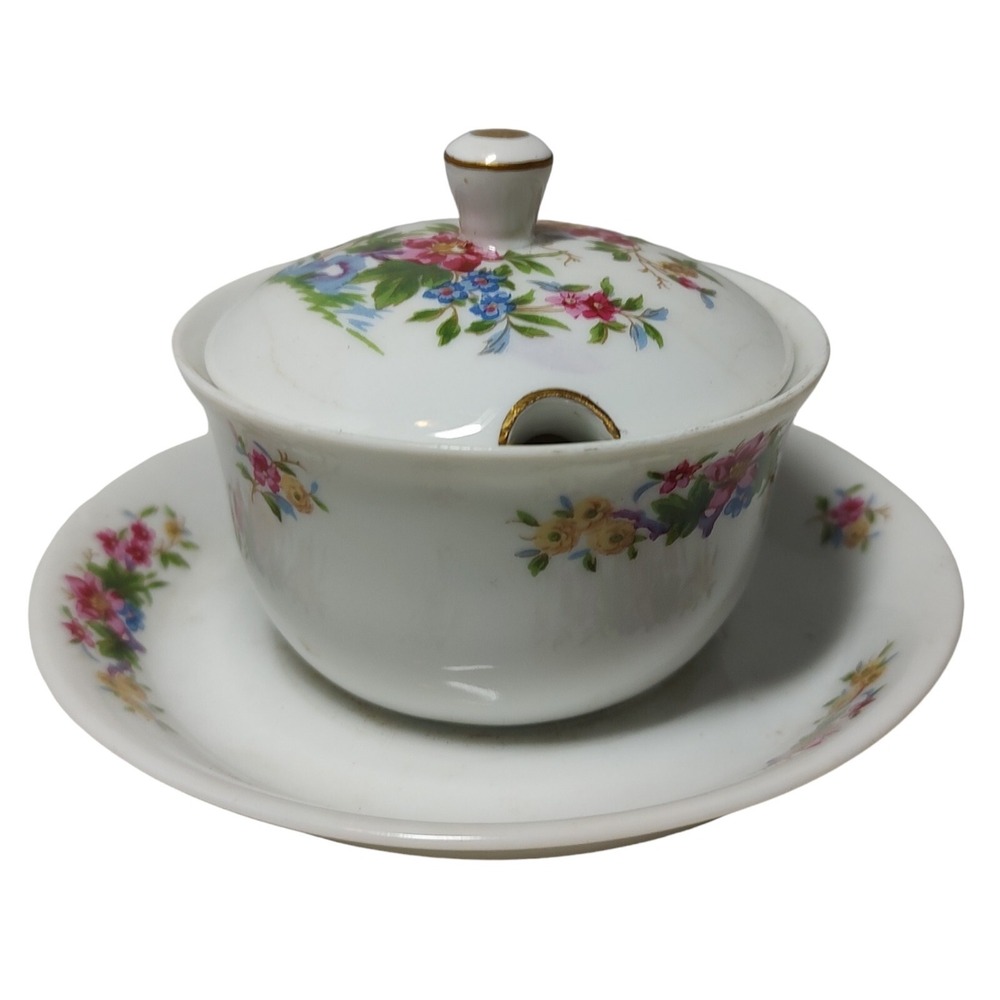 CH Field Haviland Limoges Mustard Pot with Attached Under Plate Floral